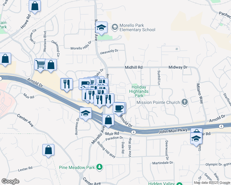 map of restaurants, bars, coffee shops, grocery stores, and more near 1186 Maywood Lane in Martinez