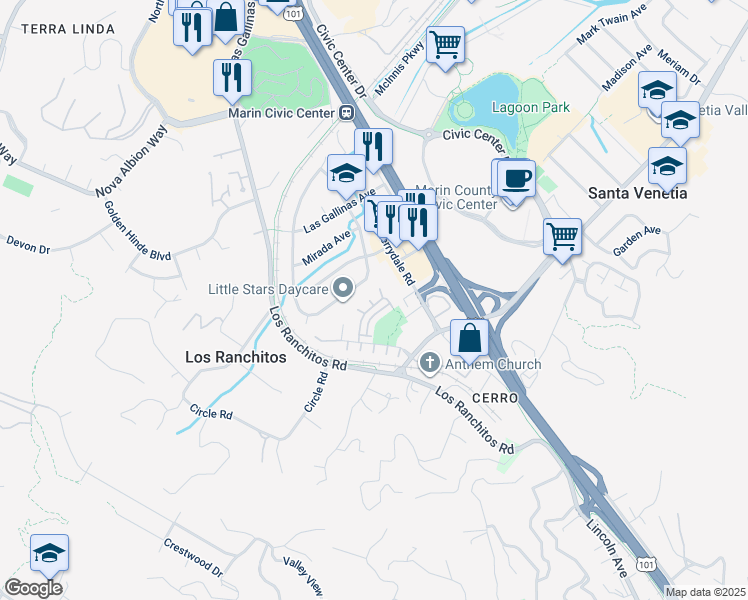 map of restaurants, bars, coffee shops, grocery stores, and more near 10 Buckhorn Court in San Rafael