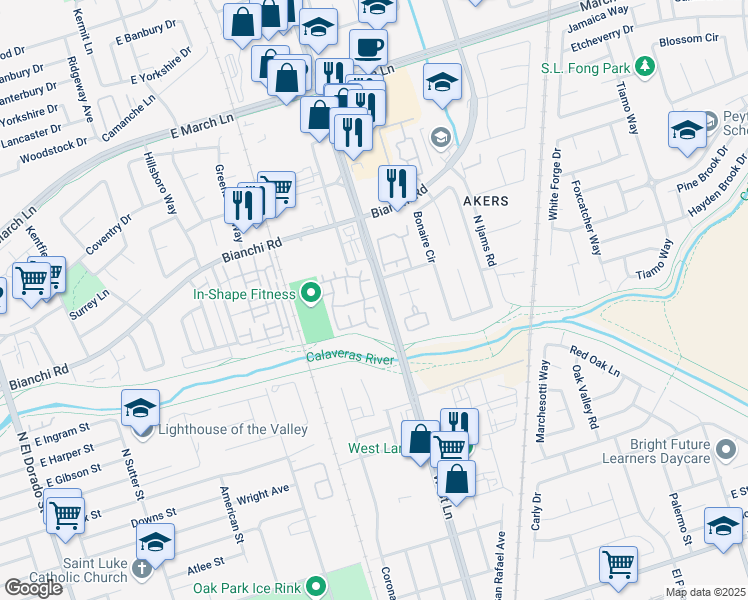map of restaurants, bars, coffee shops, grocery stores, and more near 9940 Woodvale Drive in Stockton