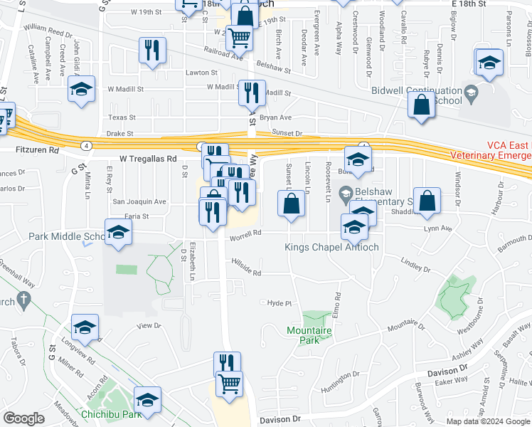 map of restaurants, bars, coffee shops, grocery stores, and more near 2829 Center Lane in Antioch