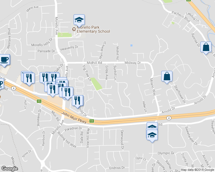 map of restaurants, bars, coffee shops, grocery stores, and more near 531 Gilda Avenue in Martinez