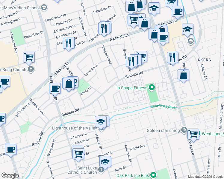 map of restaurants, bars, coffee shops, grocery stores, and more near 4479 La Cresta Way in Stockton