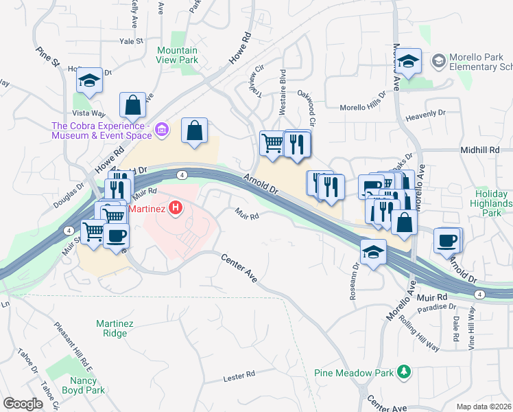 map of restaurants, bars, coffee shops, grocery stores, and more near 247 Arana Drive in Martinez