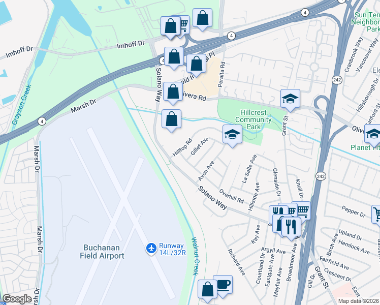 map of restaurants, bars, coffee shops, grocery stores, and more near 2825 Gillet Avenue in Concord
