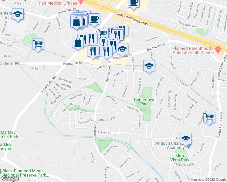 map of restaurants, bars, coffee shops, grocery stores, and more near 2837 Petar Place in Antioch