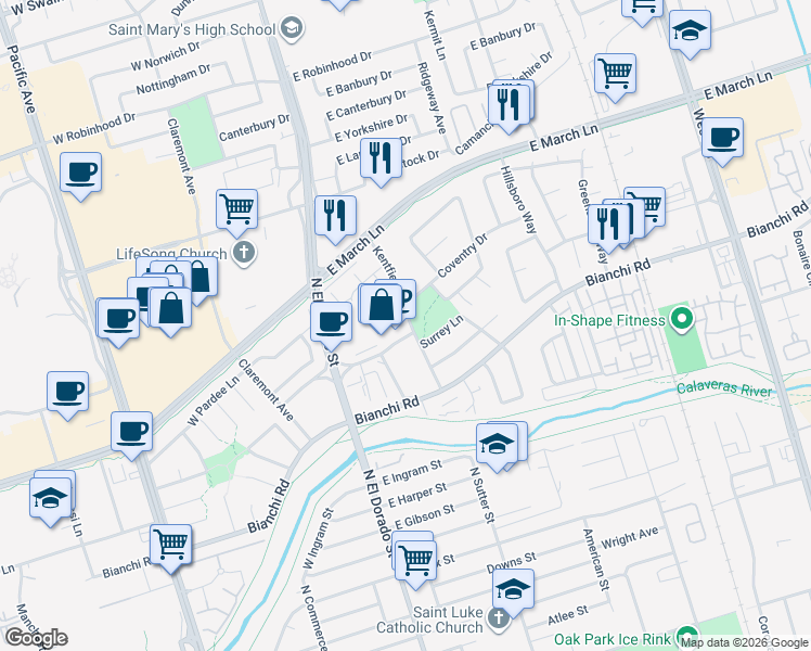 map of restaurants, bars, coffee shops, grocery stores, and more near 4707 Kentfield Road in Stockton