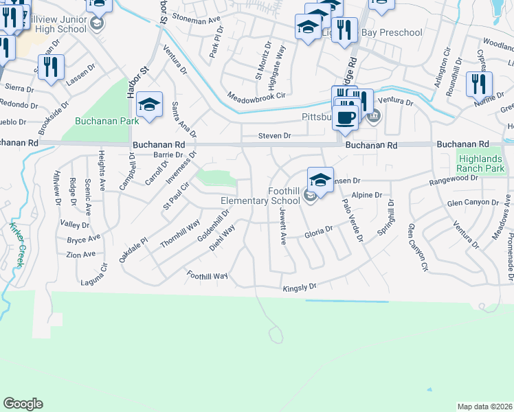 map of restaurants, bars, coffee shops, grocery stores, and more near 4257 Suzanne Drive in Pittsburg