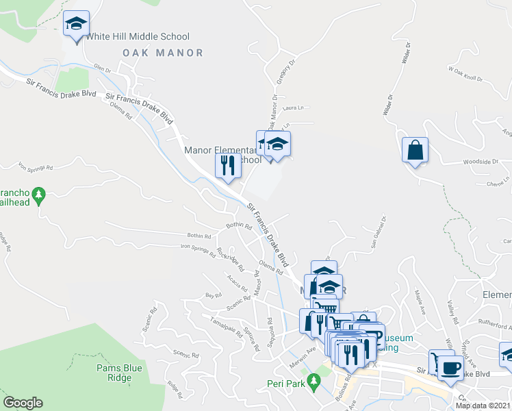 map of restaurants, bars, coffee shops, grocery stores, and more near 2390 Sir Francis Drake Boulevard in Fairfax