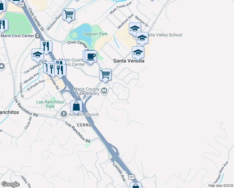 map of restaurants, bars, coffee shops, grocery stores, and more near 3 Tudor Court in San Rafael