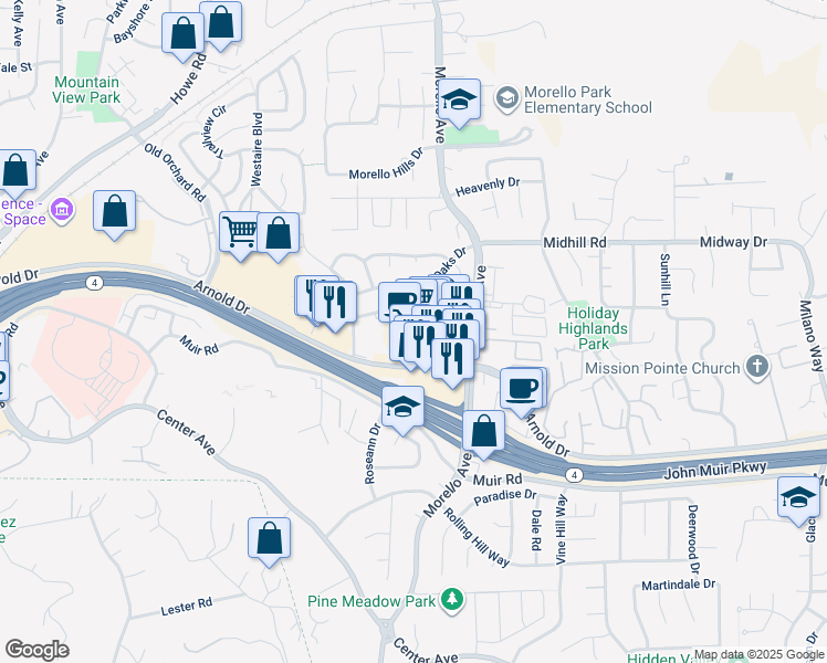 map of restaurants, bars, coffee shops, grocery stores, and more near 1145 Arnold Drive in Martinez