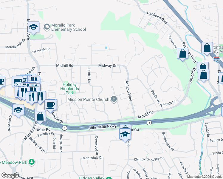 map of restaurants, bars, coffee shops, grocery stores, and more near 4008 Hiller Lane in Martinez