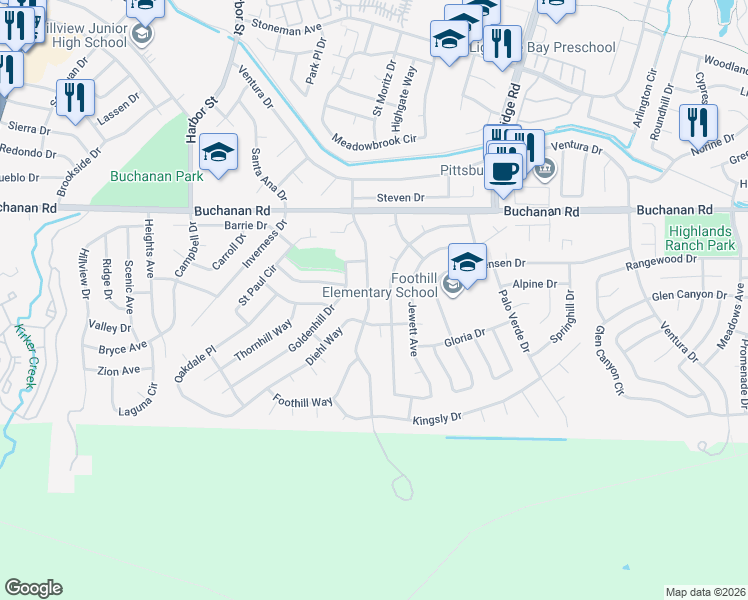 map of restaurants, bars, coffee shops, grocery stores, and more near 4257 Suzanne Drive in Pittsburg