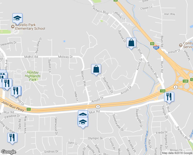 map of restaurants, bars, coffee shops, grocery stores, and more near 2246 Bridgeport Way in Martinez