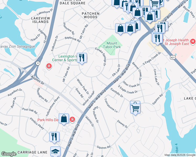 map of restaurants, bars, coffee shops, grocery stores, and more near 2803 Easthills Drive in Lexington