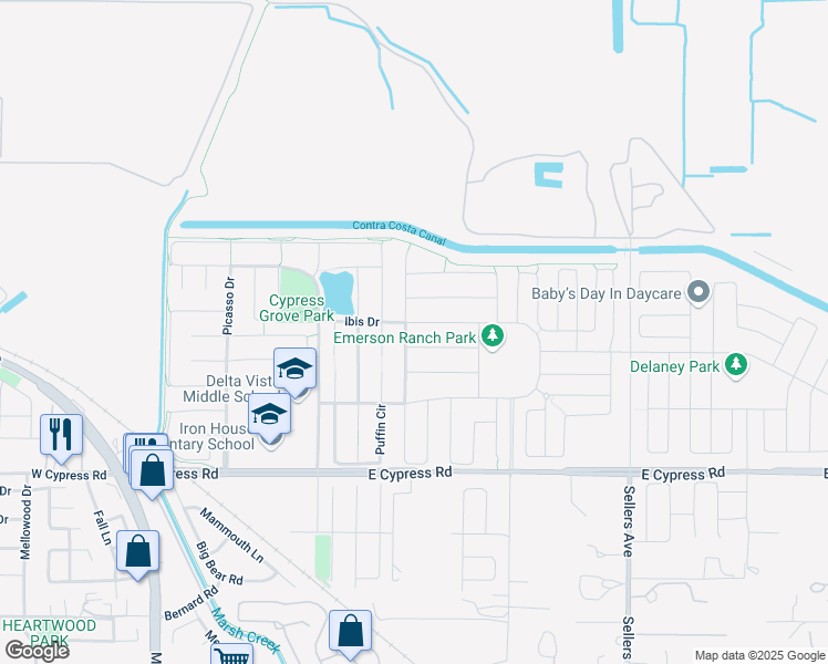 map of restaurants, bars, coffee shops, grocery stores, and more near 338 Parkfield Way in Oakley