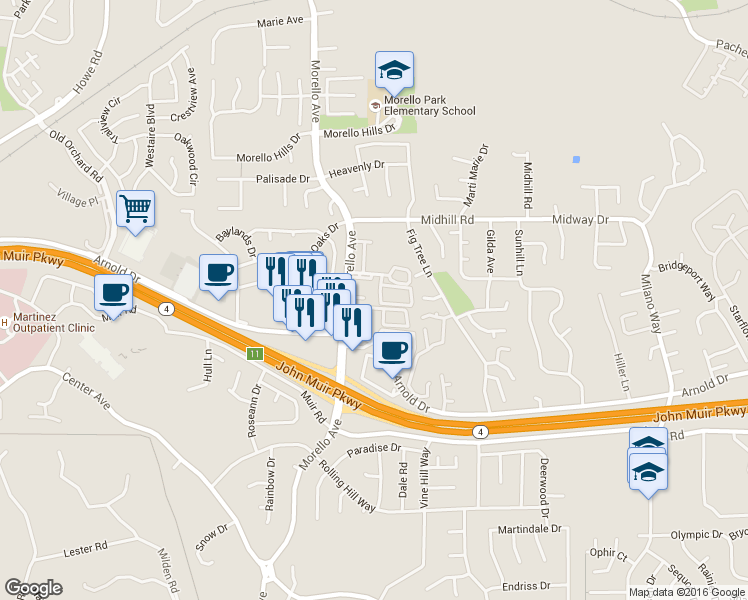map of restaurants, bars, coffee shops, grocery stores, and more near 1080 Maywood Lane in Martinez