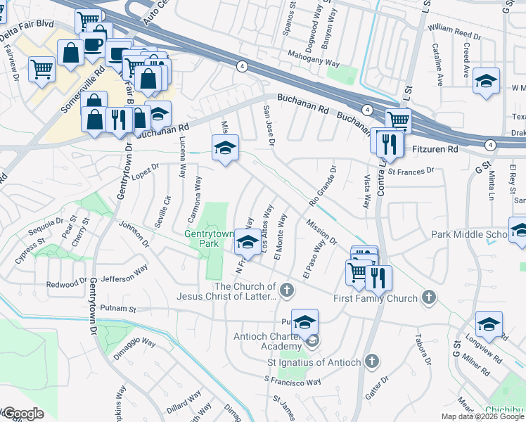 map of restaurants, bars, coffee shops, grocery stores, and more near 2920 Los Altos Way in Antioch