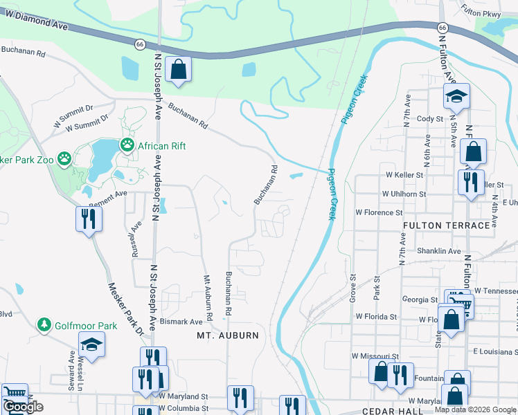 map of restaurants, bars, coffee shops, grocery stores, and more near 1821 Buchanan Road in Evansville