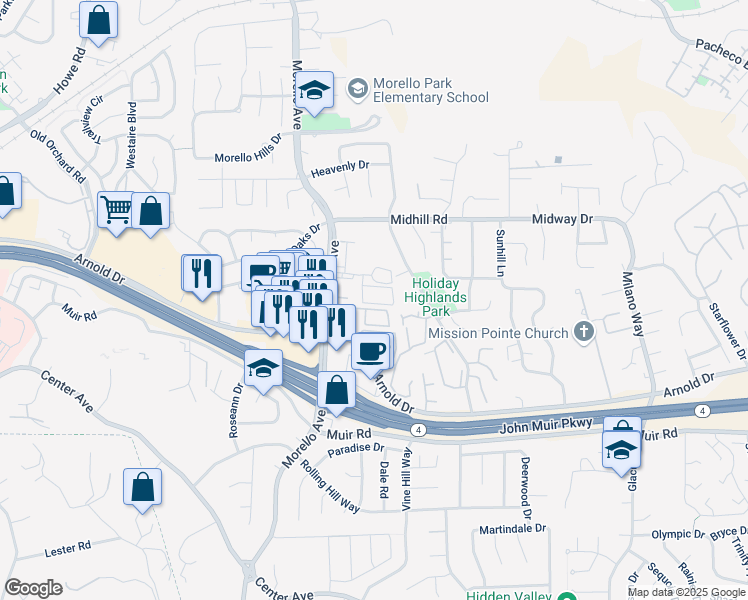 map of restaurants, bars, coffee shops, grocery stores, and more near 1186 Maywood Lane in Martinez