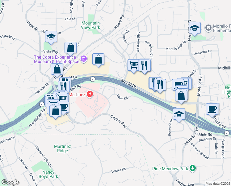 map of restaurants, bars, coffee shops, grocery stores, and more near 205 Muir Road in Martinez
