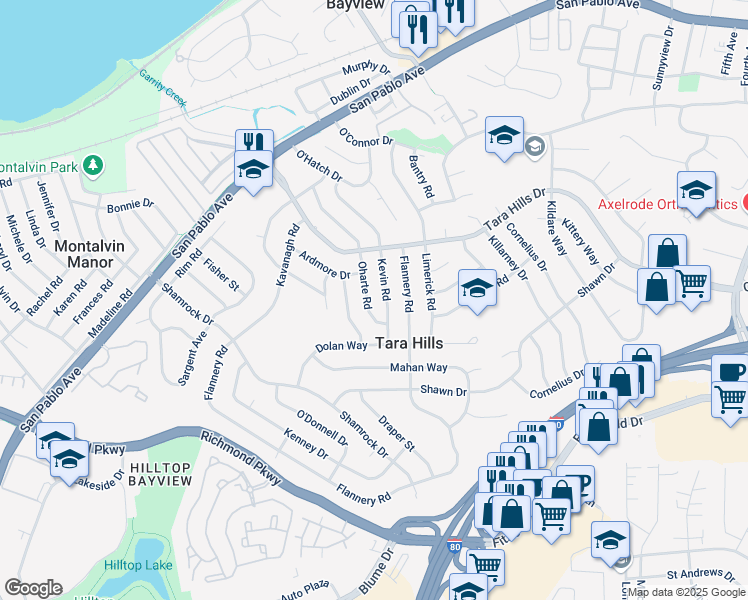 map of restaurants, bars, coffee shops, grocery stores, and more near 2716 Oharte Road in San Pablo