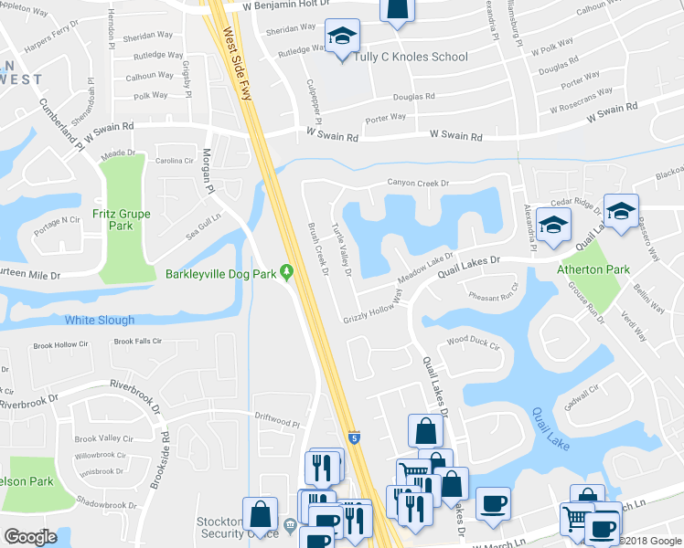map of restaurants, bars, coffee shops, grocery stores, and more near 5705 Turtle Valley Drive in Stockton