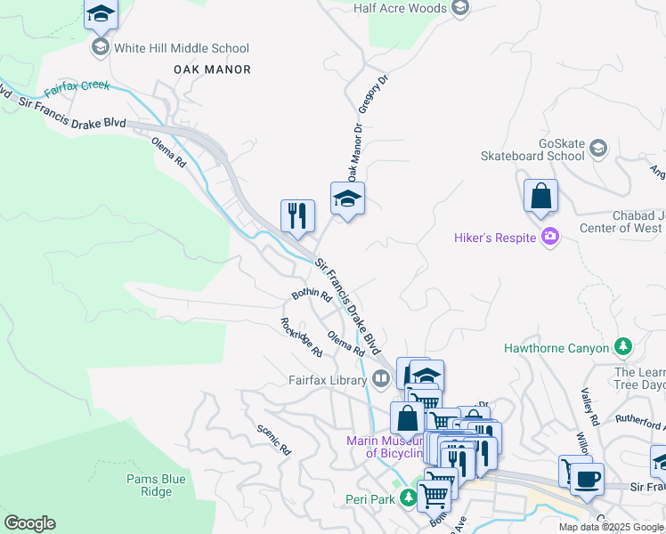 map of restaurants, bars, coffee shops, grocery stores, and more near 2390 Sir Francis Drake Boulevard in Fairfax