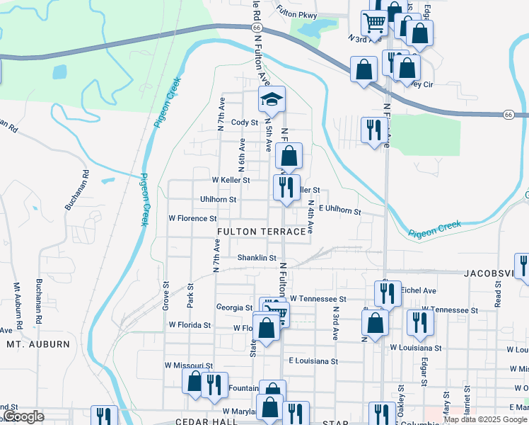 map of restaurants, bars, coffee shops, grocery stores, and more near 1806 North 5th Avenue in Evansville