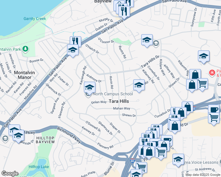map of restaurants, bars, coffee shops, grocery stores, and more near 2717 Kevin Road in San Pablo