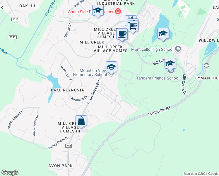 map of restaurants, bars, coffee shops, grocery stores, and more near 2068 Avinity Loop in Charlottesville