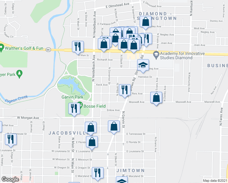 map of restaurants, bars, coffee shops, grocery stores, and more near 410 Reis Avenue in Evansville