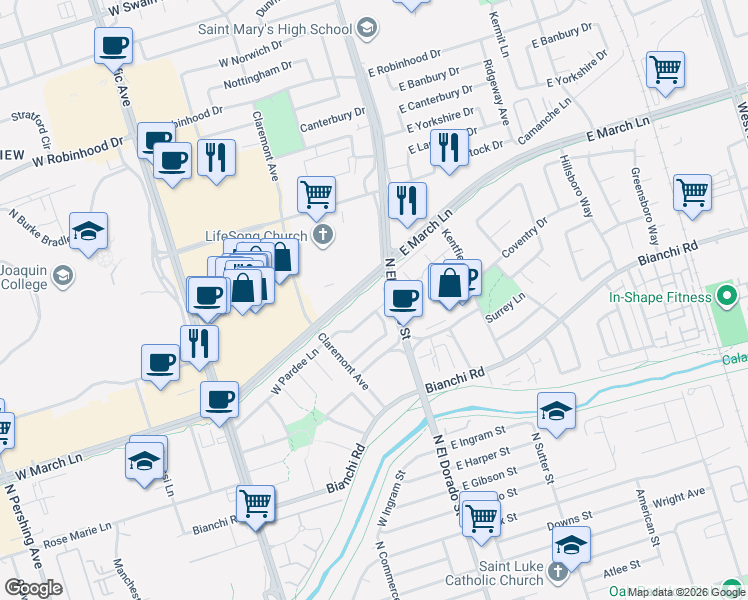 map of restaurants, bars, coffee shops, grocery stores, and more near 7 West Pardee Lane in Stockton
