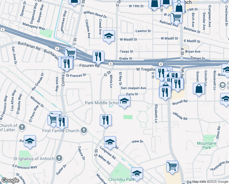 map of restaurants, bars, coffee shops, grocery stores, and more near 2804 El Rey Street in Antioch