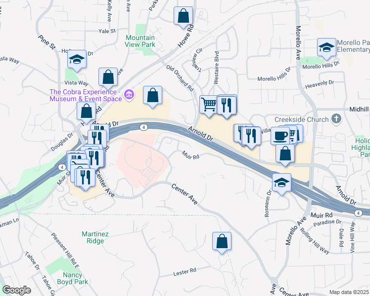 map of restaurants, bars, coffee shops, grocery stores, and more near 205 Muir Road in Martinez