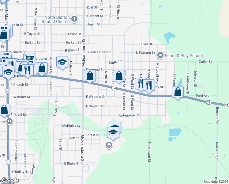 map of restaurants, bars, coffee shops, grocery stores, and more near 100-198 South 10th Street in Benton