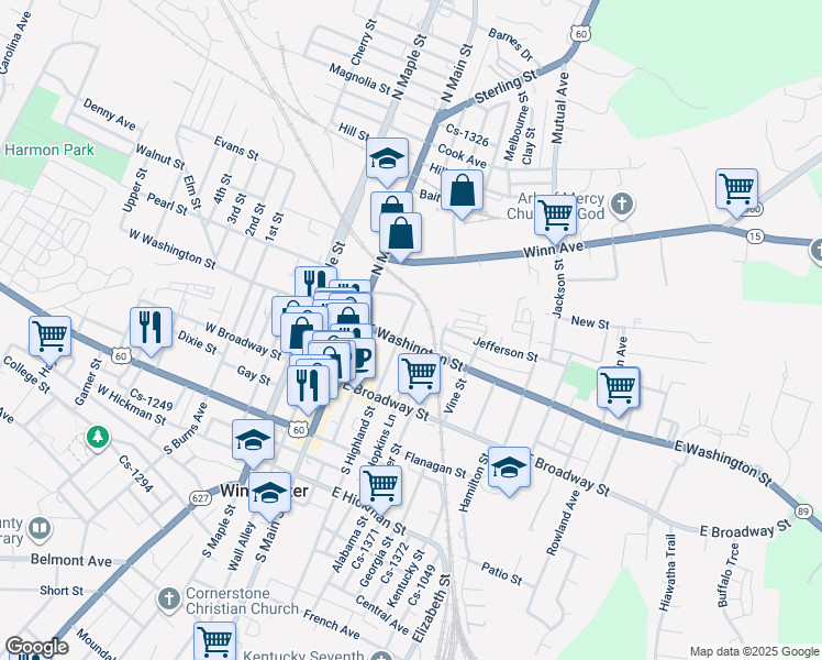 map of restaurants, bars, coffee shops, grocery stores, and more near 109 North Highland Street in Winchester