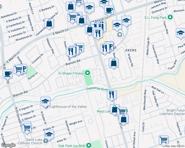 map of restaurants, bars, coffee shops, grocery stores, and more near 4519 Oakfield Drive in Stockton