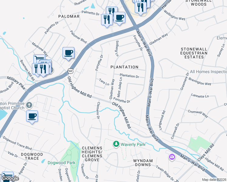map of restaurants, bars, coffee shops, grocery stores, and more near 1936 Mint Julep Lane in Lexington