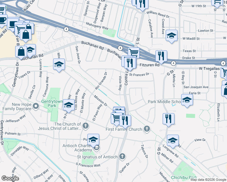 map of restaurants, bars, coffee shops, grocery stores, and more near 1124 San Jose Drive in Antioch