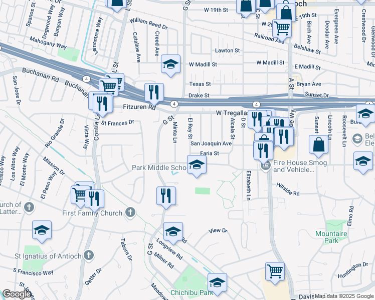 map of restaurants, bars, coffee shops, grocery stores, and more near 2804 El Rey Street in Antioch