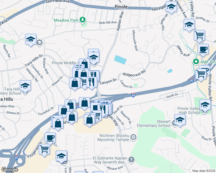map of restaurants, bars, coffee shops, grocery stores, and more near 1668 El Toro Way in Pinole
