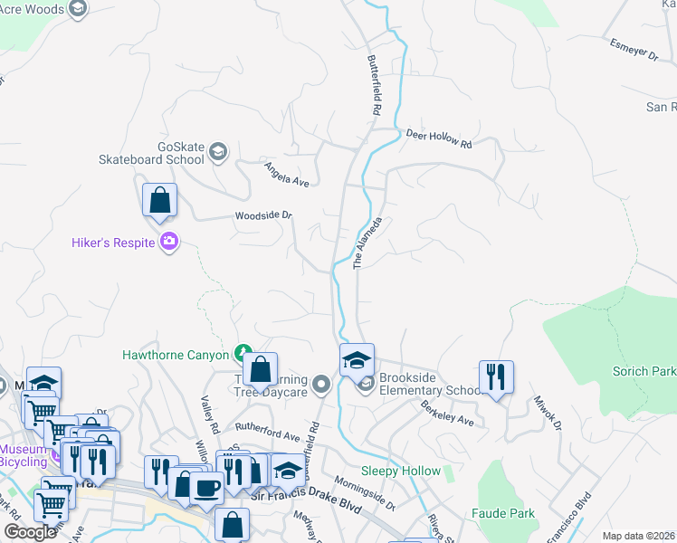 map of restaurants, bars, coffee shops, grocery stores, and more near 251 Butterfield Road in San Anselmo