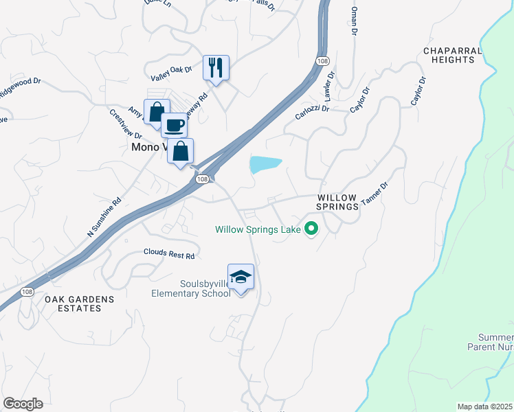 map of restaurants, bars, coffee shops, grocery stores, and more near 20512 Willow Springs Drive in Soulsbyville