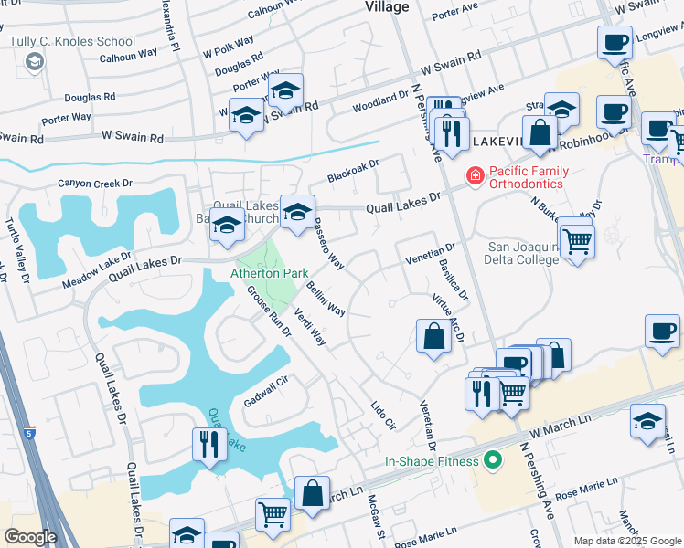 map of restaurants, bars, coffee shops, grocery stores, and more near 5433 Passero Way in Stockton