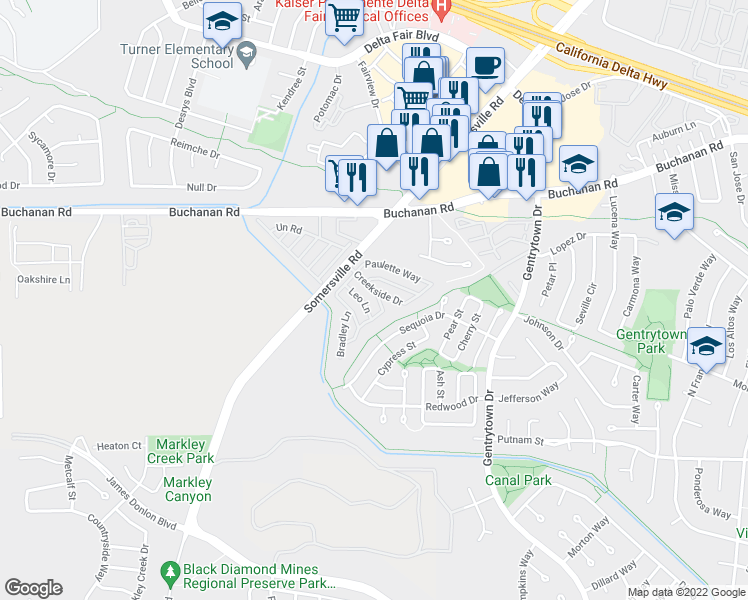 map of restaurants, bars, coffee shops, grocery stores, and more near 74 Creekside Drive South in Antioch