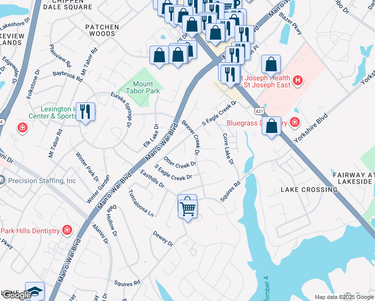 map of restaurants, bars, coffee shops, grocery stores, and more near 3313 Barren River Court in Lexington