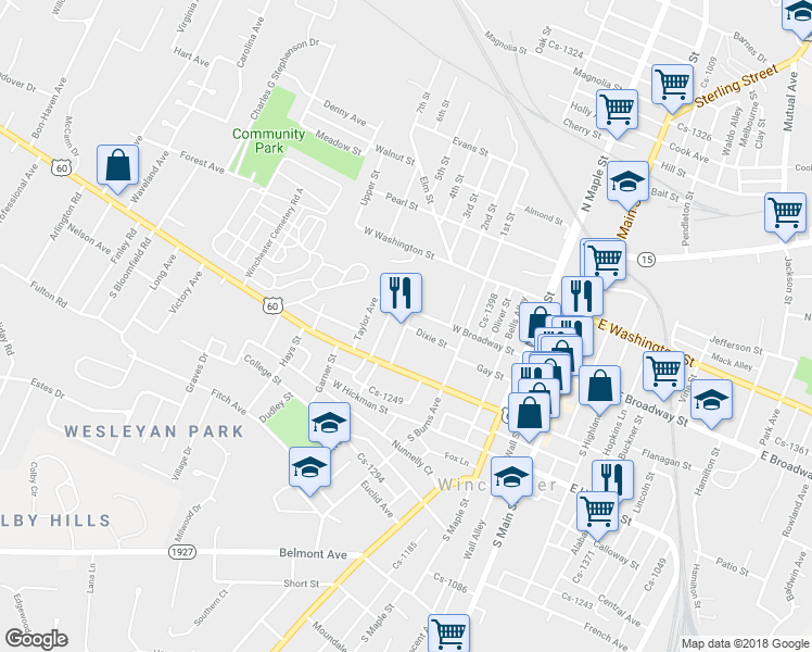 map of restaurants, bars, coffee shops, grocery stores, and more near 5 Wainscott Avenue in Winchester