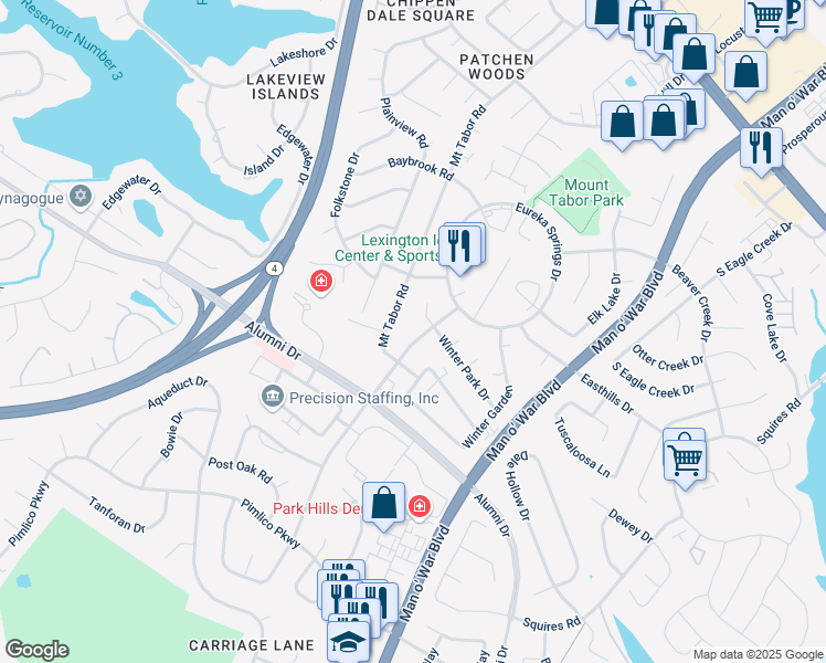 map of restaurants, bars, coffee shops, grocery stores, and more near 2821 Yellowstone Parkway in Lexington