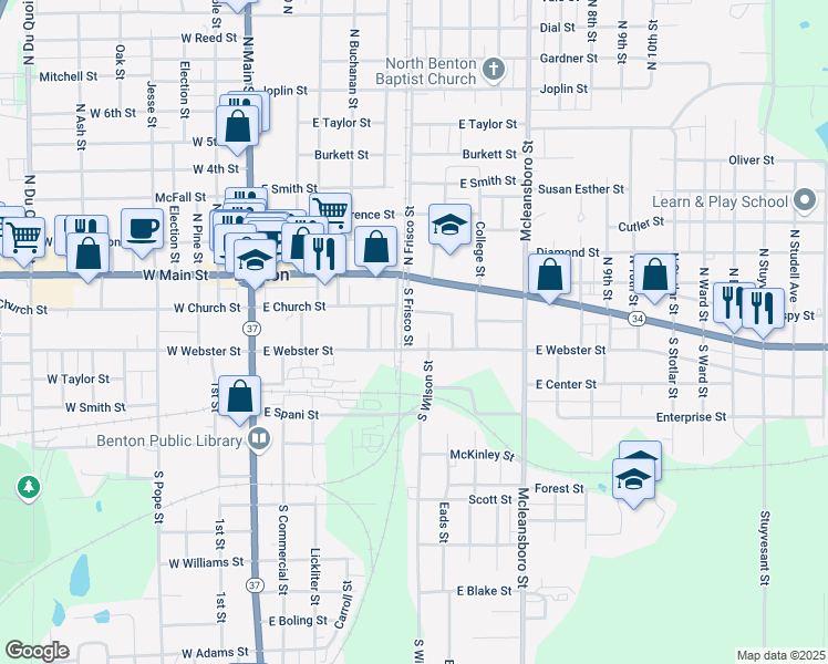 map of restaurants, bars, coffee shops, grocery stores, and more near 210 South Frisco Street in Benton