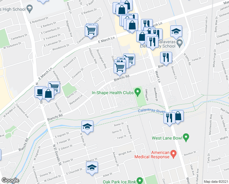 map of restaurants, bars, coffee shops, grocery stores, and more near 4448 Townehome Drive in Stockton